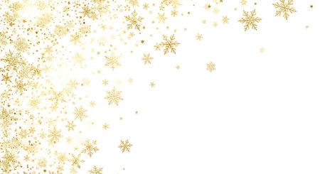 A delicate cascade of shimmering golden snowflakes drifts across a pristine white backdrop. The scattered, intricate designs evoke a sense of winter magic and celebratory elegance.の素材