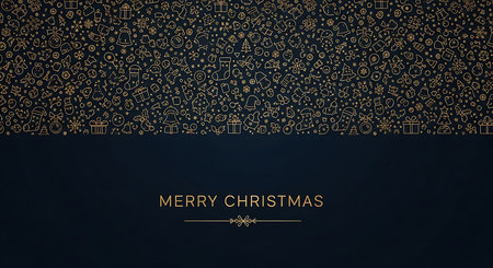A sophisticated holiday card design featuring a dark, textured upper section with subtle golden accents, contrasted by a deep navy lower section with elegant golden 'Merry Christmas' text.の素材