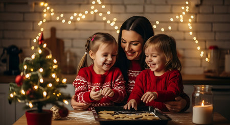 A mother and her two young daughters joyfully bake Christmas cookies in a warmly lit kitchen. They wear matching red sweaters, surrounded by festive lights and a small Christmas tree.の素材