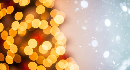 A dreamy, out-of-focus display of warm golden circles on the left transitions to cool, sparkling white bokeh on the right, evoking a sense of wonder and joy.の素材