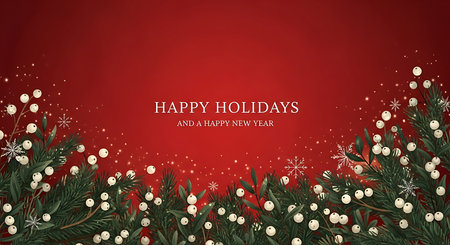 A rich red background is adorned with lush green Christmas tree branches, sparkling white lights, and delicate snowflakes, creating a warm and inviting holiday atmosphere for seasonal messages.の素材