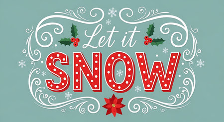 A charming and festive "Let It Snow" message is presented in bold red lettering with white polka dots. The design is adorned with holly, berries, and intricate white scrollwork, evoking a joyful winter holiday spirit.の素材