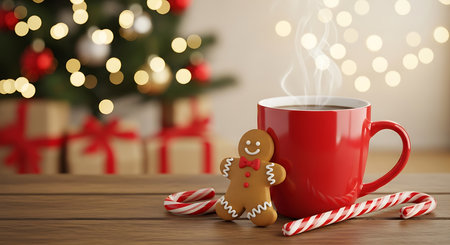 A festive and warm holiday scene featuring a red mug of steaming hot chocolate, a gingerbread man, and candy canes on a wooden surface, with a blurred Christmas tree and gifts in the background.の素材