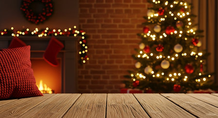 A warm and inviting Christmas setting features a crackling fireplace with stockings, a beautifully lit tree adorned with ornaments, and a rustic wooden table in the foreground.の素材