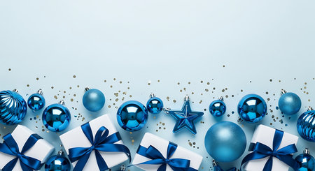 A top-down view showcases an array of shimmering blue Christmas ornaments and elegantly wrapped gift boxes. Scattered confetti adds a touch of sparkle to the festive holiday arrangement.の素材