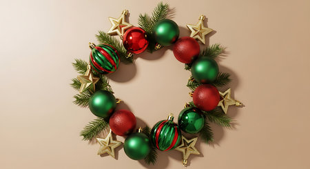 A circular Christmas wreath featuring a vibrant arrangement of shiny red and green baubles, interspersed with glittering gold star accents and lush evergreen sprigs. This festive decoration is perfect for the holiday season.の素材