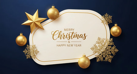 A festive and luxurious Christmas greeting card design featuring a central white banner adorned with golden text. Surrounding the banner are shimmering golden Christmas ornaments and intricate snowflake designs, all set against a deep blue backdrop.の素材