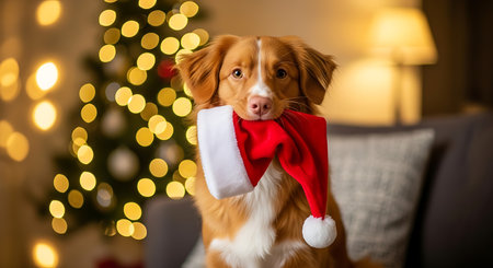 A charming Nova Scotia Duck Tolling Retriever sits indoors, adorned in a red Santa hat and scarf. The background features a brightly lit Christmas tree with warm bokeh lights, creating a cozy holiday atmosphere.の素材