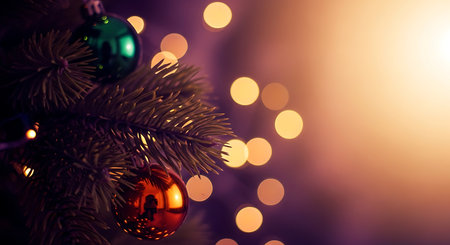A festive close-up showcases a Christmas tree branch adorned with ornaments. Soft, glowing bokeh lights in warm tones create a magical, cozy, and inviting holiday ambiance.の素材