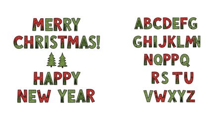 This image displays "Merry Christmas" and "Happy New Year" messages in a festive font, alongside a full alphabet set, all adorned with Christmas colors and patterns.の素材