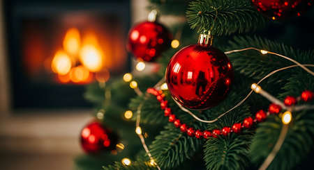 A close-up of a decorated Christmas tree with red baubles and twinkling lights, set against the soft glow of a warm fireplace, evoking a sense of holiday comfort.の素材