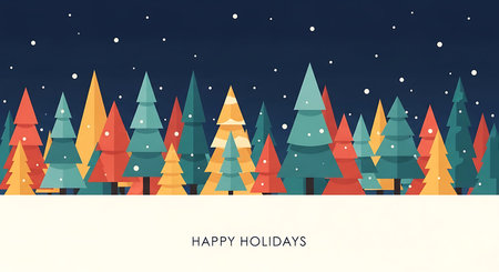 A whimsical and colorful illustration featuring a dense forest of abstract Christmas trees in various shades of green, orange, and red, set against a dark, starry night sky with gentle snowfall.の素材
