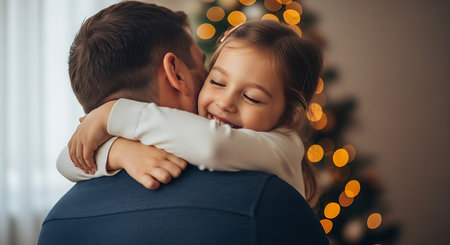 A little girl with a bright smile hugs her father tightly, her eyes closed in happiness. A blurred Christmas tree with glowing lights provides a festive backdrop.の素材