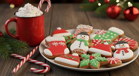 A close-up shot showcases a red mug filled with whipped cream topped hot chocolate next to a white plate overflowing with assorted Christmas themed cookies.の素材
