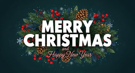 A circular arrangement of natural Christmas elements forms a wreath around bold white text that reads "MERRY CHRISTMAS" and "Happy New Year" in a festive font.の素材