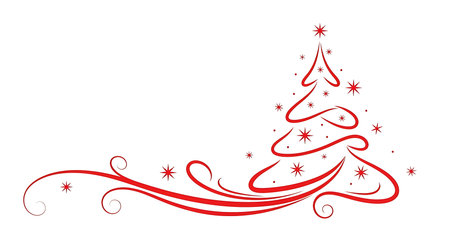 A stylized, flowing red line art Christmas tree adorned with small red star-shaped ornaments and swirling decorative flourishes. This elegant design evokes a festive and whimsical holiday spirit.の素材