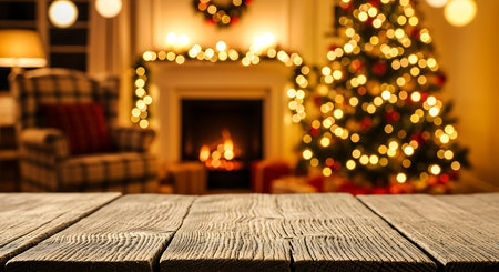 A warm and inviting Christmas scene unfolds with a glowing fireplace and a beautifully decorated tree. A weathered wooden table sits in the foreground, perfect for festive gatherings and holiday cheer.の素材