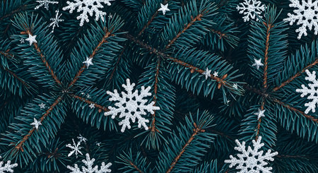 A detailed, overhead shot showcases the rich texture of evergreen needles interspersed with charming white snowflake decorations, perfect for seasonal celebrations.の素材
