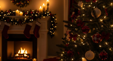 A warm and inviting Christmas scene featuring a glowing fireplace with a fire burning, stockings hung on the mantelpiece, and a festive tree adorned with lights and ornaments.の素材