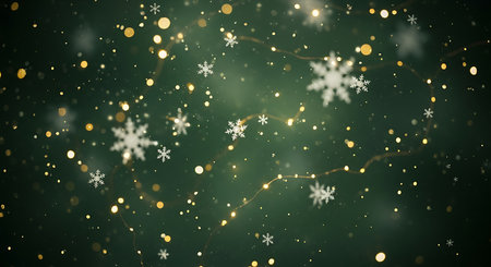 Softly falling snowflakes and a bokeh of warm, glowing lights create a magical and festive atmosphere, evoking the wonder and joy of the winter holiday season.の素材