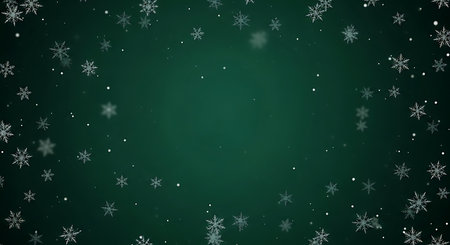 Delicate white snowflakes drift down against a rich, dark green backdrop. This atmospheric image evokes a peaceful winter scene, ideal for Christmas and holiday-themed designs.の素材