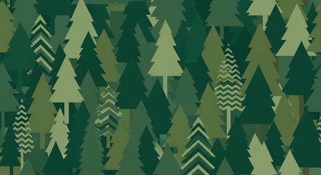 A seamless pattern featuring a dense forest of stylized evergreen trees. The artwork uses a palette of deep greens and lighter olive tones, creating a textured, abstract woodland.の素材