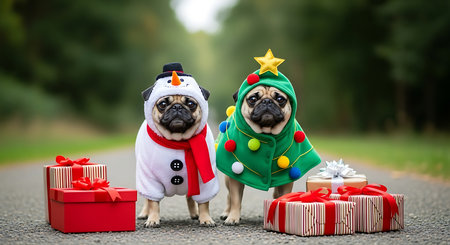 Two charming pugs, one in a snowman costume and the other as a Christmas tree, pose outdoors with presents. Their festive attire and the surrounding gifts create a heartwarming holiday scene.の素材
