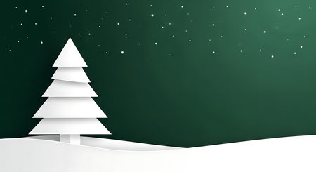 A stylized white paper Christmas tree dominates the left side of the frame, set against a deep green, starry night sky. Snow-covered ground creates a serene winter scene.の素材
