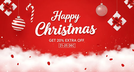 A vibrant red background adorned with festive Christmas ornaments, candy canes, and gift boxes. The center features "Happy Christmas" and a promotional offer with a discount and dates.の素材