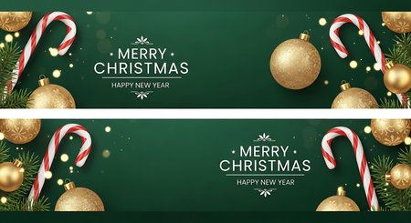 A festive horizontal banner displays 'Merry Christmas' with candy canes, golden ornaments, and soft bokeh lights against a dark green background, creating a warm and inviting holiday atmosphere.の素材