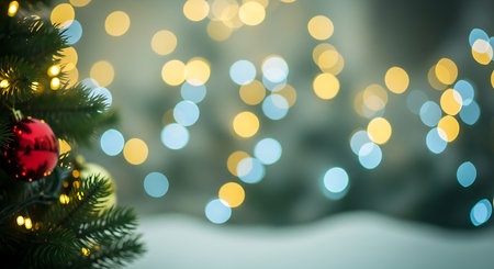 A close-up view of a decorated Christmas tree branch with a red ornament, set against a backdrop of softly blurred warm yellow and cool blue bokeh lights.の素材