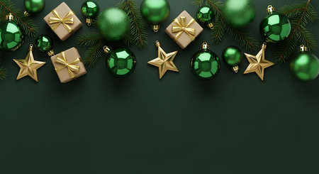 A festive arrangement of shiny green Christmas ornaments and small golden gift boxes is displayed across the top of a dark, textured background, suggesting a holiday theme.の素材