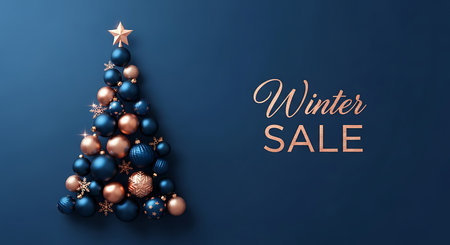 A stylized Christmas tree crafted from blue and rose gold ornaments stands against a dark blue backdrop.  The words 'Winter Sale' are elegantly displayed in rose gold lettering, announcing a seasonal promotion.の素材