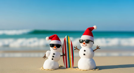 Two festive snowmen, adorned with Santa hats and sunglasses, pose on a sun-drenched beach. A colorful surfboard stands beside them, evoking a unique tropical holiday spirit.の素材