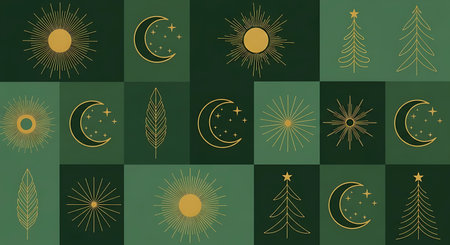 A visually striking collage of celestial motifs including radiant sunbursts stylized crescent moons and intricate star patterns. The artwork is rendered in gold and yellow against a rich deep green checkerboard background.の素材