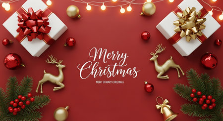 A top down view of a festive Merry Christmas scene. White gift boxes with ornate bows, golden reindeer figurines, red ornaments, and pine branches are arranged symmetrically on a red surface.の素材