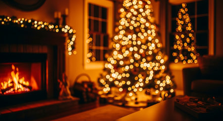 A warm, inviting living room scene bathed in the glow of a roaring fireplace and a beautifully decorated Christmas tree adorned with numerous lights.の素材