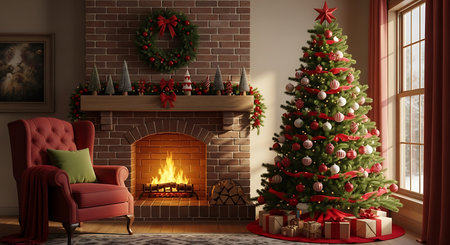 A beautifully decorated Christmas tree stands tall next to a warm, inviting fireplace. A plush armchair sits nearby, creating a perfect setting for a peaceful and festive holiday celebration.の素材