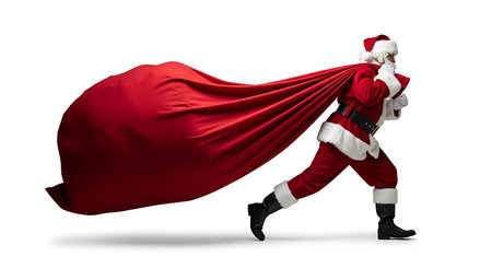 A dynamic image of Santa Claus running with a massive red sack overflowing with gifts. His festive suit and hat are clearly visible as he moves with purpose.の素材