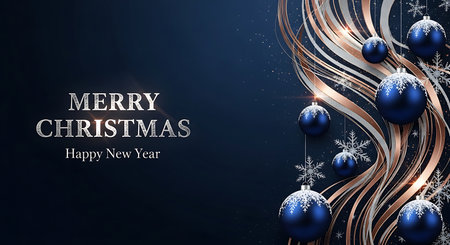A sophisticated holiday greeting featuring deep blue Christmas ornaments and delicate snowflakes intertwined with opulent golden strands against a dark, textured backdrop.の素材