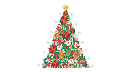 This vibrant illustration features a tall, conical Christmas tree overflowing with colorful ornaments, twinkling lights, red bows, and wrapped presents at its base, evoking holiday cheer.の素材