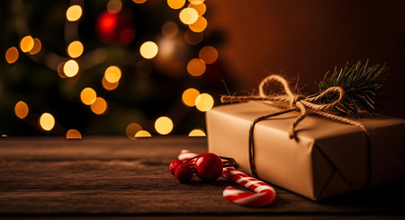 A rustic brown gift box tied with twine sits on a wooden surface next to a candy cane. Blurry warm Christmas lights create a festive and inviting atmosphere.の素材