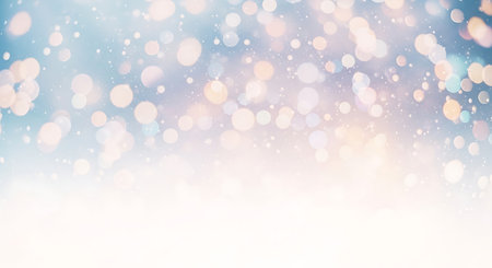 A dreamy winter scene with blurred bokeh lights in soft blues and warm golden hues. Gentle snowflakes drift down, creating a magical and serene atmosphere, perfect for festive or cozy themes.の素材