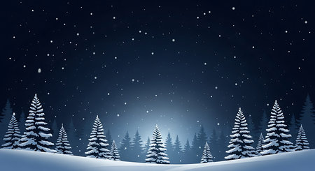 A serene winter night scene unfolds with a blanket of snow covering rolling hills. Tall evergreen trees, dusted with snow, stand silhouetted against a deep blue, starry sky with falling snowflakes.の素材