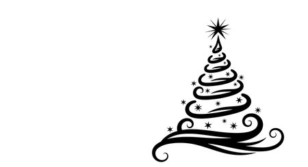 A minimalist, artistic depiction of a Christmas tree in black ink on a white background. Its branches swirl elegantly, adorned with small star-like accents, culminating in a radiant star at its peak.の素材