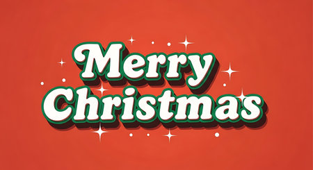 A retro-style "Merry Christmas" text design in white with a green outline, set against a vibrant red background. Subtle sparkling stars add a touch of festive magic and holiday spirit.の素材