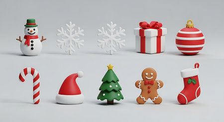 Ten charming, small Christmas-themed figurines are arranged in two rows against a neutral background, showcasing iconic holiday symbols in a playful and decorative manner.の素材