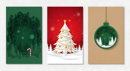 Three vertical banners showcase distinct Christmas themes: a dark green forest with a candy cane, a snowy scene with a lit tree, and a close-up of a green bauble reflecting a winter village.の素材
