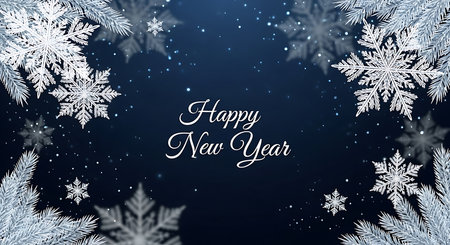A festive New Year's Eve background with ornate white snowflakes framing a central "Happy New Year" message. The dark, starry backdrop evokes a magical winter night.の素材