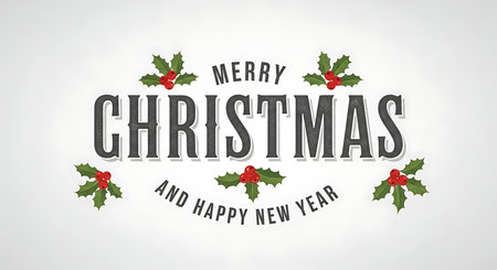 A classic and elegant design featuring bold 'Merry Christmas' text, complemented by 'and Happy New Year' below.  Adorned with decorative holly and red berries, creating a festive holiday greeting.の素材